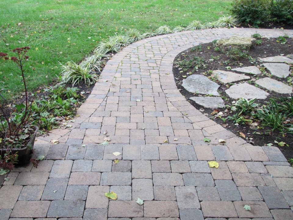 curved paver path amidst landscape